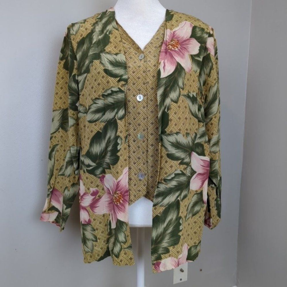 Vintage 90s Alfred Dunner Silk Top Floral Vest Tropical Foliage Size Petite 6